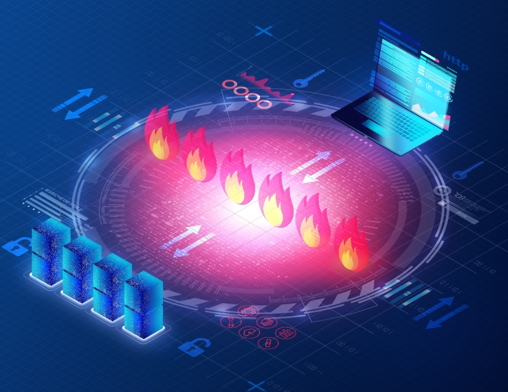 IT-Matrix mit Flammen-Symbolen und Laptop