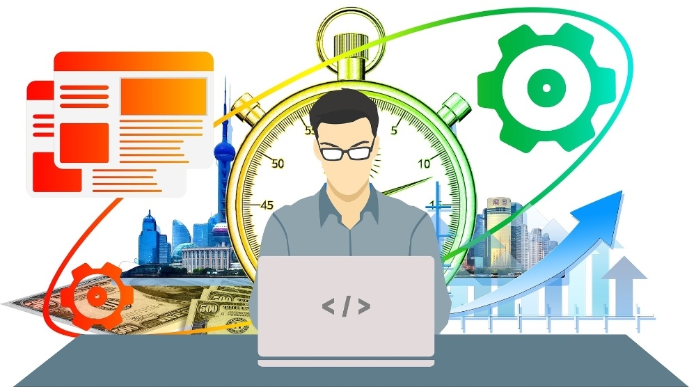 Karikatur eines Mannes vor Laptop und Stoppuhr